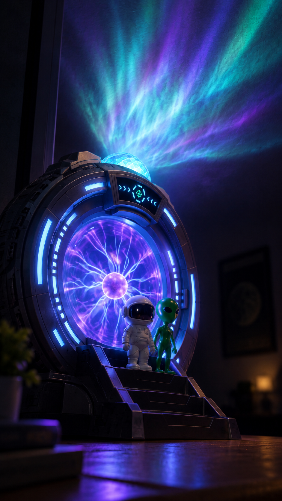 Warp Gate portal projector switched on, plasma core lit and aurora across the ceiling